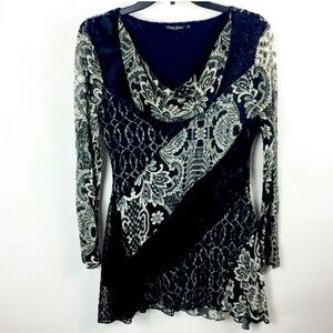 Dor Dor Coutour Tunic Lace Top Cowl Neck Asymetric Mixed Media Size M Black